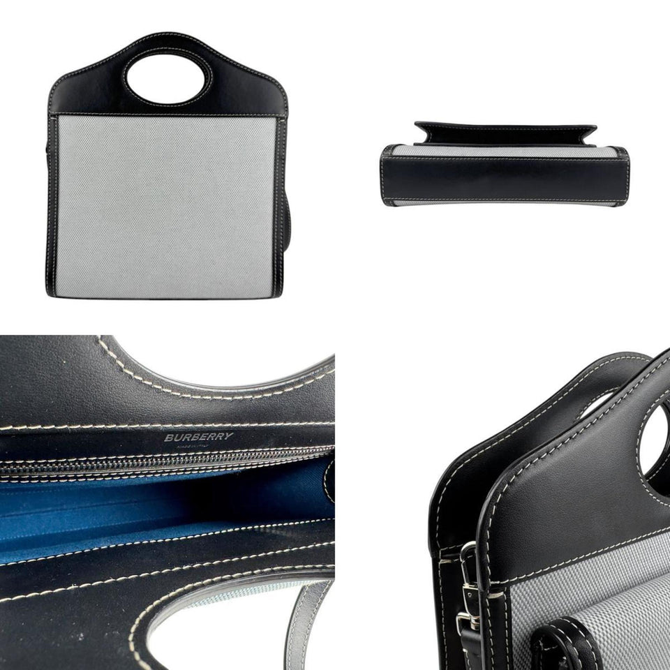 Burberry Black Blue Canvas Leather Handbag Shoulder Bag ( )