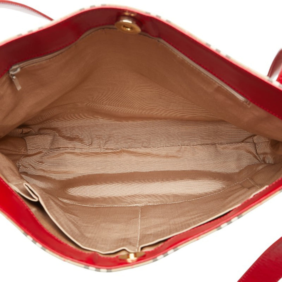 Burberry Beige Red Color Canvas Leather Shoulder Bag Tote Bag ( )