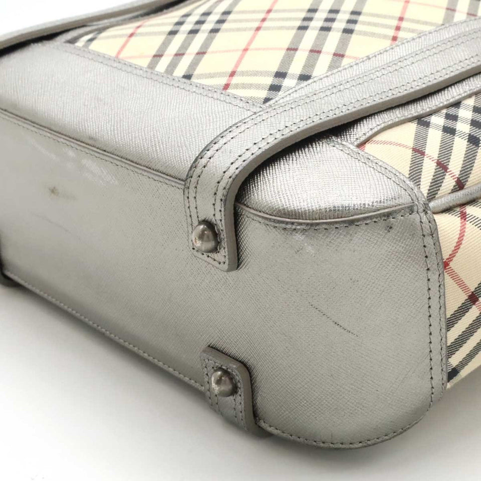 Burberry Beige Black Bordeaux Silver Canvas Leather Shoulder Bag ( )