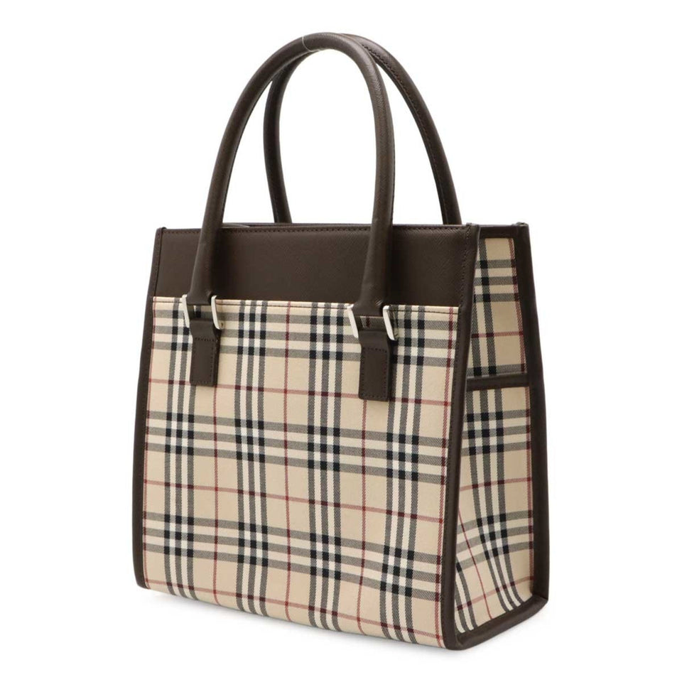 Burberry Beige Black Bordeaux Dark Brown Canvas Leather Handbag Tote Bag ( )