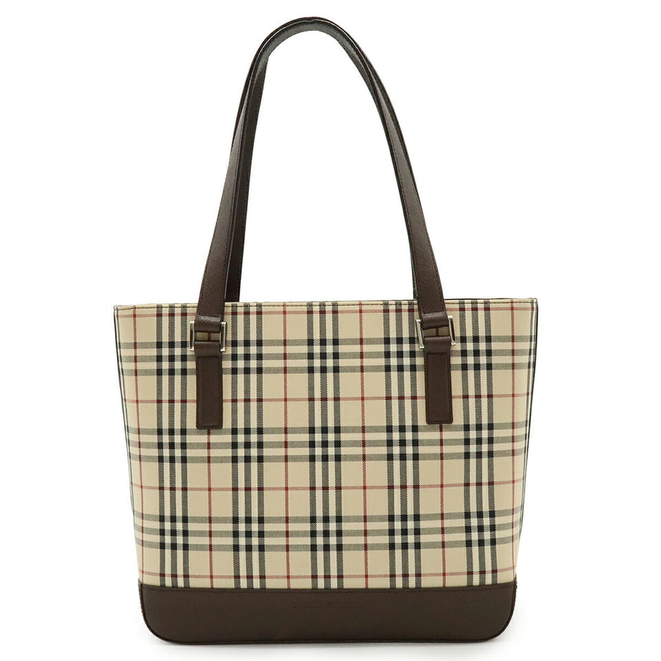 Burberry Beige Black Bordeaux Dark Brown Canvas Leather Shoulder Bag Tote Bag ( )