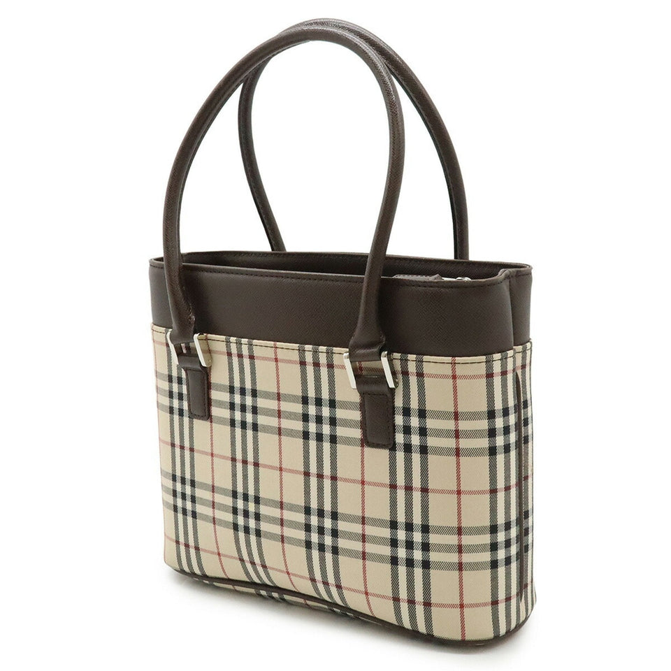 Burberry Beige Black Bordeaux Dark Brown Canvas Leather Handbag Tote Bag ( )