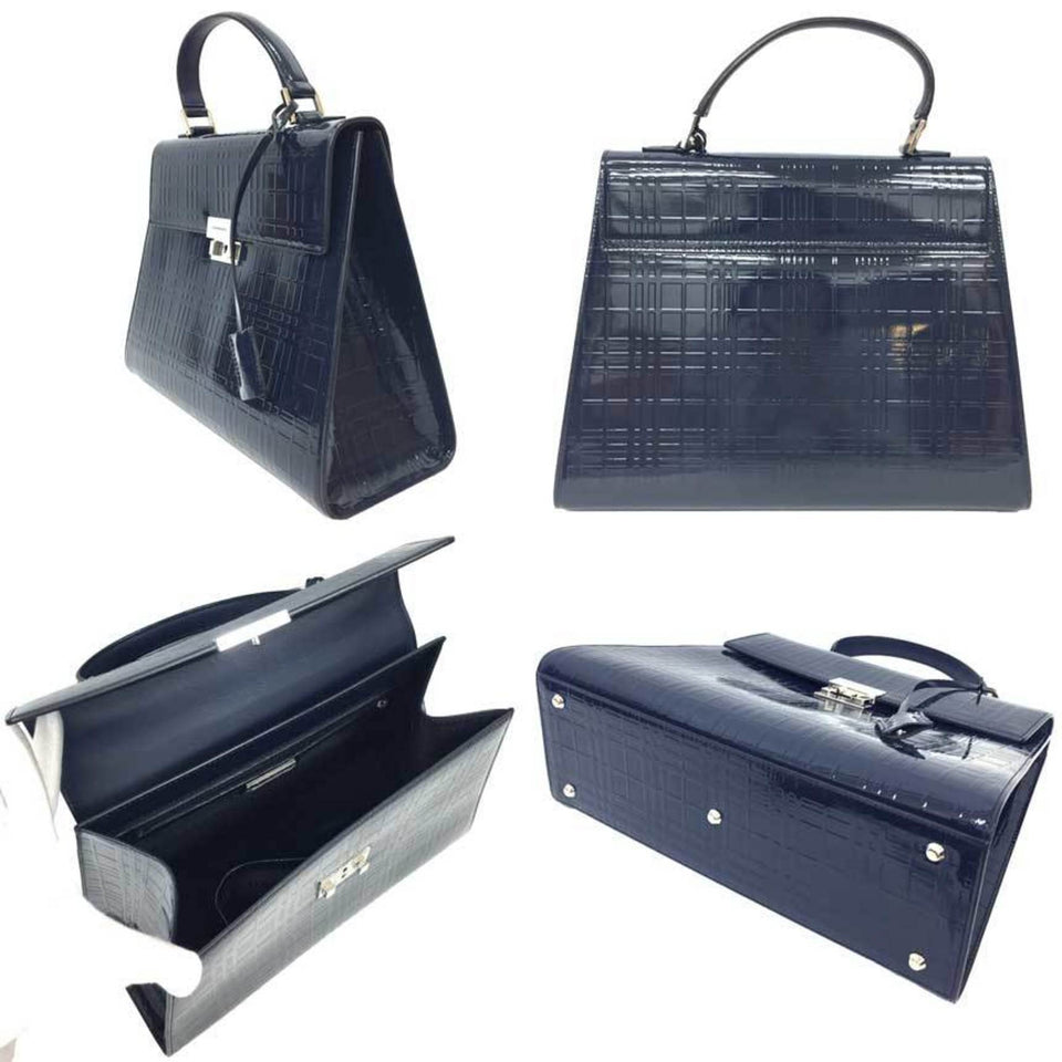 Burberry Navy Patent Leather Handbag Tote Bag ( )