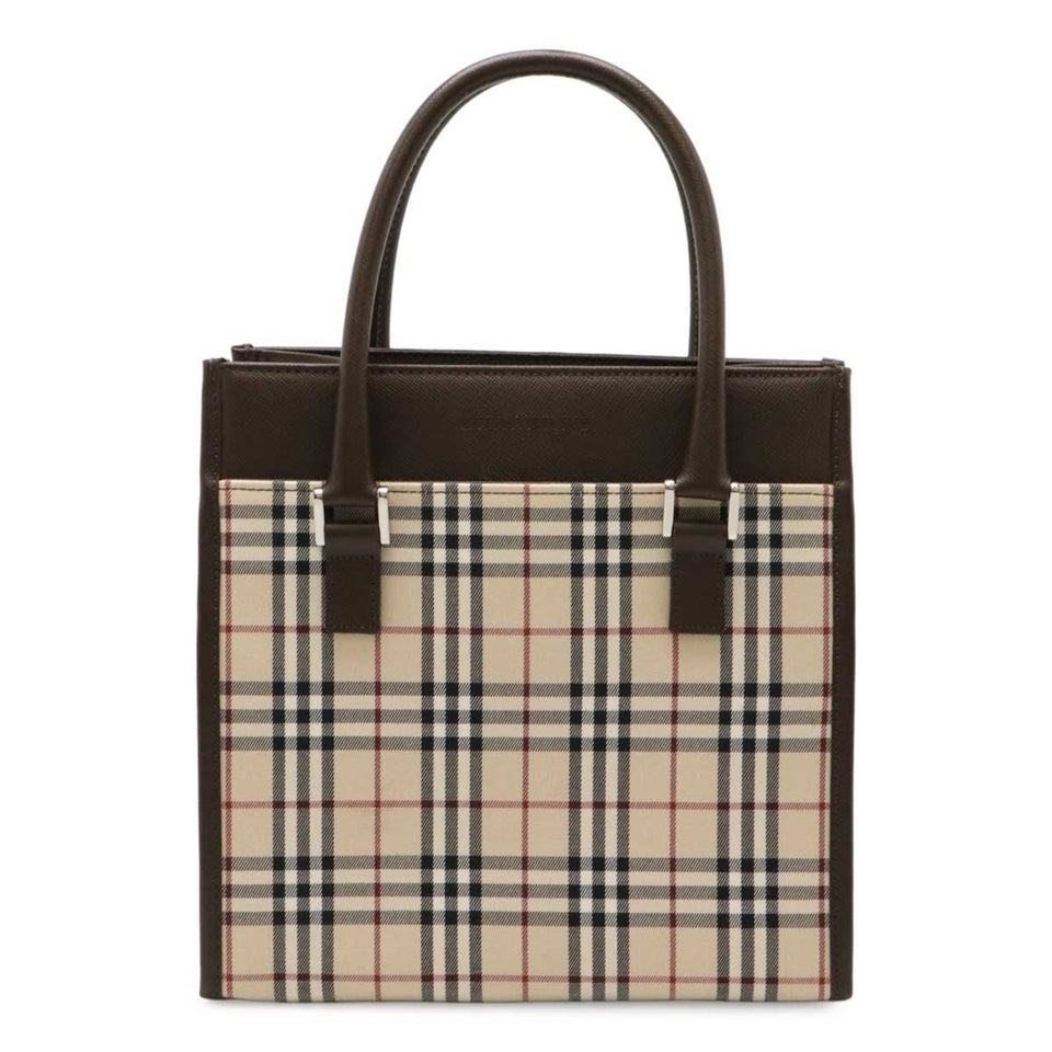 Burberry Beige Black Bordeaux Dark Brown Canvas Leather Handbag Tote Bag ( )