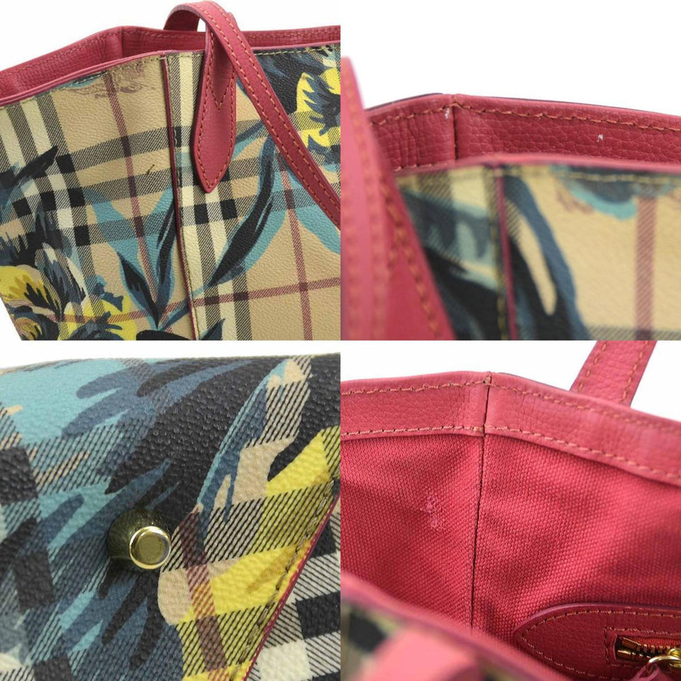 Burberry Beige Pink Coated Canvas Leather Handbag Tote Bag ( )