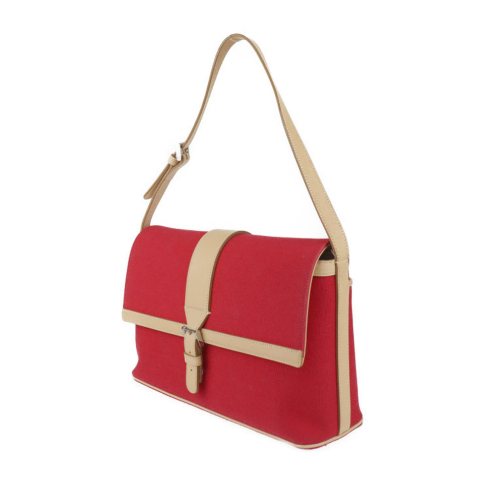Burberry Beige Red Color Canvas Leather Handbag Shoulder Bag Tote Bag ( )