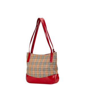 Burberry Beige Red Color Canvas Leather Shoulder Bag Tote Bag ( )