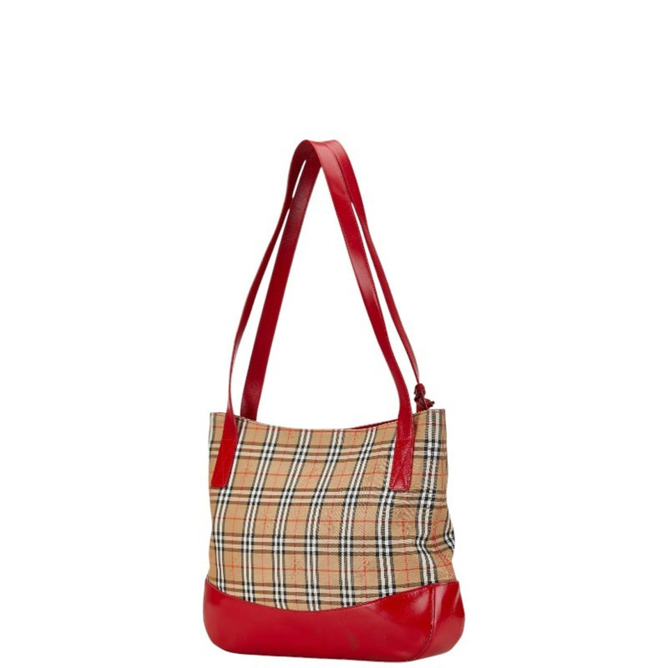 Burberry Beige Red Color Canvas Leather Shoulder Bag Tote Bag ( )