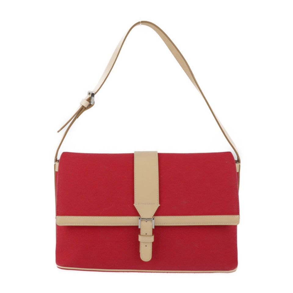 Burberry Beige Red Color Canvas Leather Handbag Shoulder Bag Tote Bag ( )