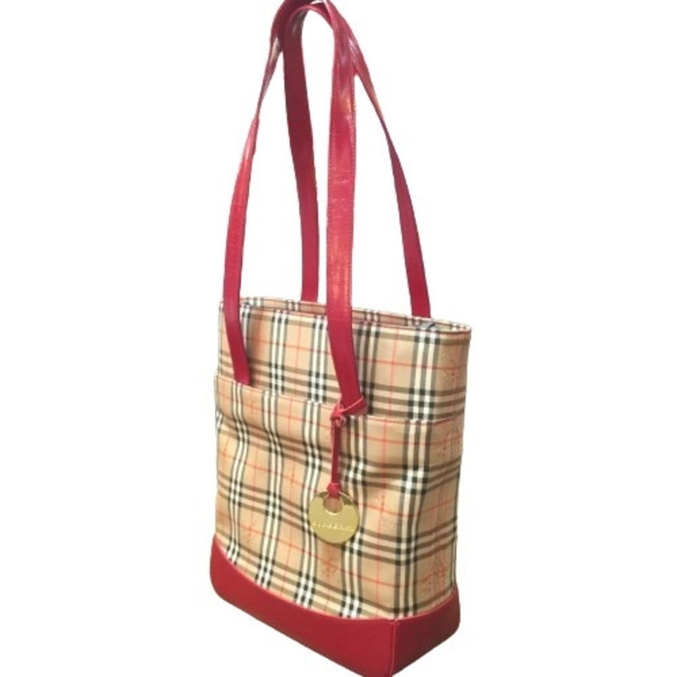 Burberry Beige Red Color Canvas Tote Bag ( )