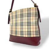 Burberry Beige Bordeaux Red Color Canvas Leather Handbag Shoulder Bag ( )