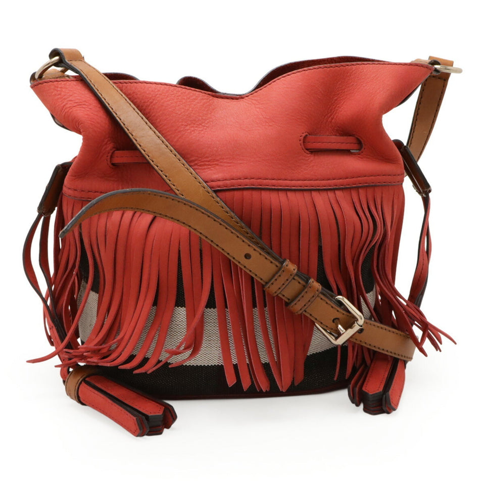 Burberry Brown Red Color Suede Canvas Leather Shoulder Bag ( )