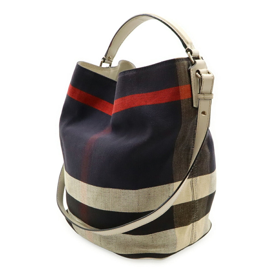 Burberry Black Red Color White Canvas Leather Shoulder Bag Tote Bag ( )