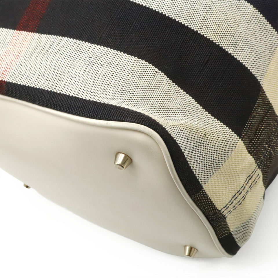 Burberry Black Red Color White Canvas Leather Shoulder Bag Tote Bag ( )