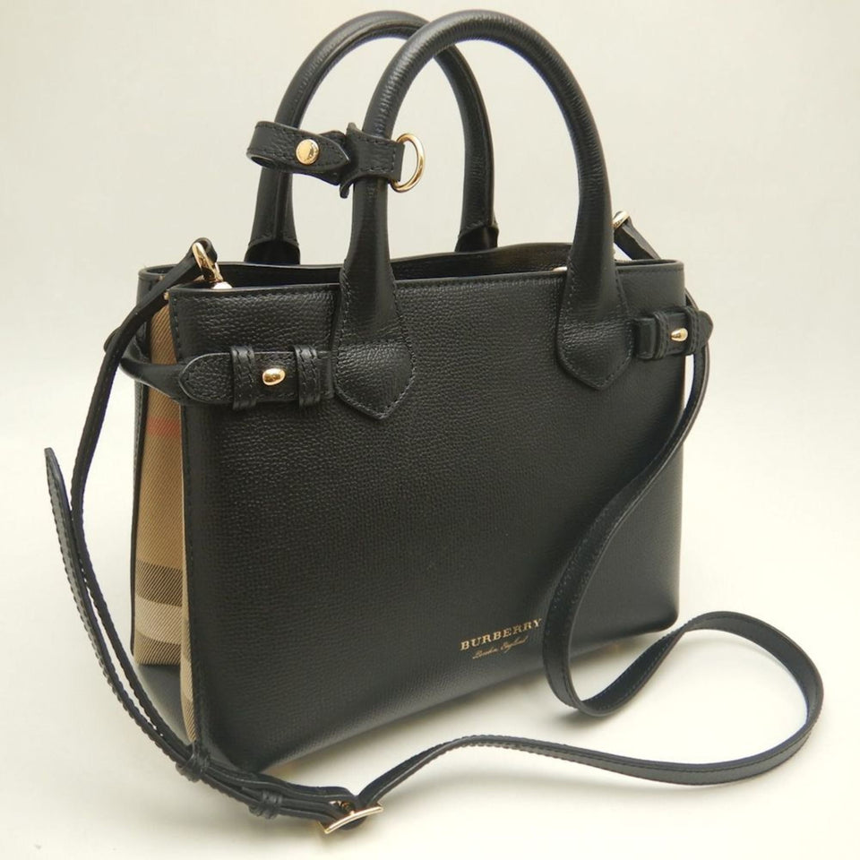 Burberry Black Brown Leather Canvas Handbag ( )