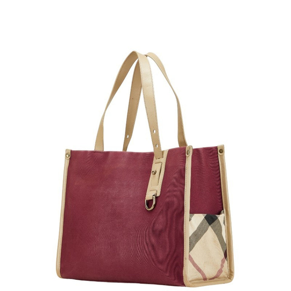 Burberry Beige Purple Canvas Leather Handbag Tote Bag ( )