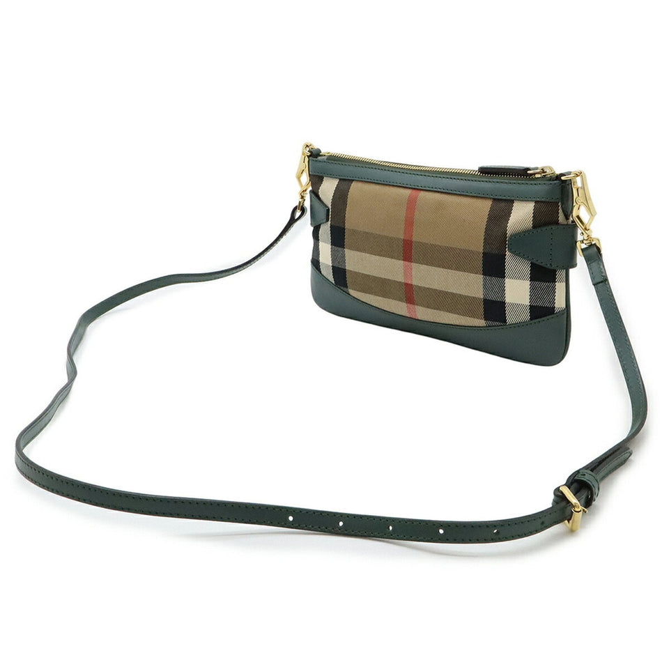 Burberry Beige Green Canvas Leather Clutch Bag Pochette Shoulder Bag ( )