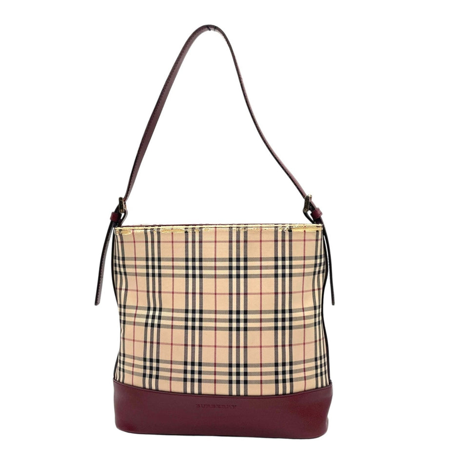 Burberry Beige Bordeaux Red Color Canvas Leather Handbag Shoulder Bag ( )