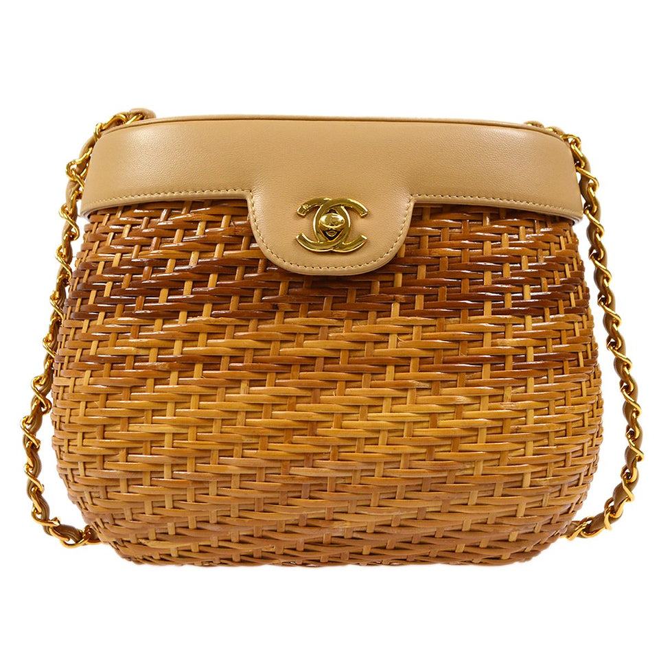 Chanel 1997-1999 Basket Chain Shoulder Bag Beige Rattan - Bags Junction