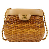 Chanel 1997-1999 Basket Chain Shoulder Bag Beige Rattan - Bags Junction