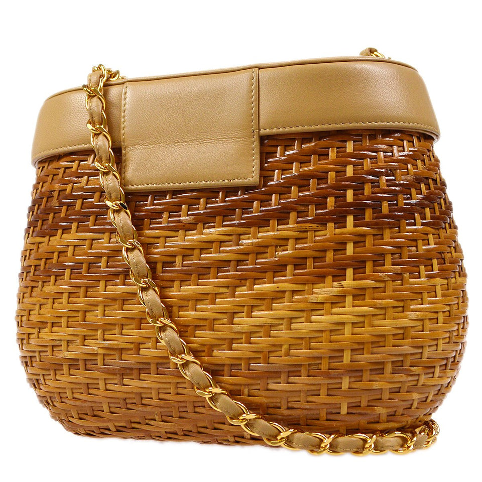 Chanel 1997-1999 Basket Chain Shoulder Bag Beige Rattan - Bags Junction