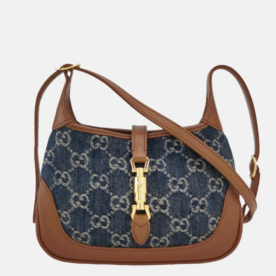 Gucci Jackie 1961 Mini Handbag in Blue Monogram Denim and Brown Leather