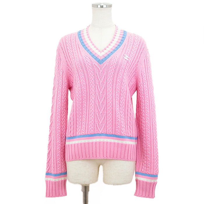 Chanel Cashmere Blend V-Neck Cable Knit Sweater