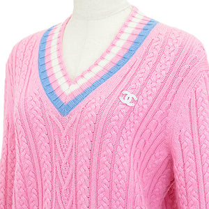 Chanel Cashmere Blend V-Neck Cable Knit Sweater