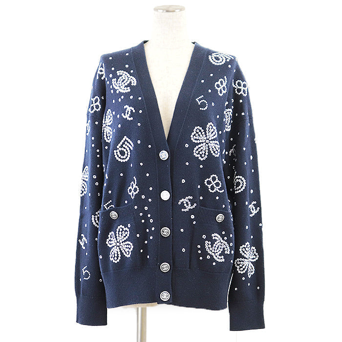 Chanel Knit igan P74636 Navy White