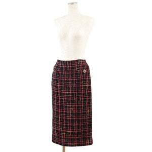 Chanel Tweed Skirt P73177, Crystal Button, Check Pattern, Black/Red/Mustard