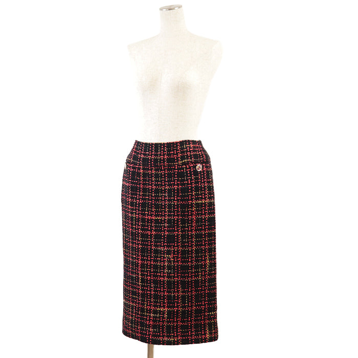 Chanel Tweed Skirt P73177, Crystal Button, Check Pattern, Black/Red/Mustard