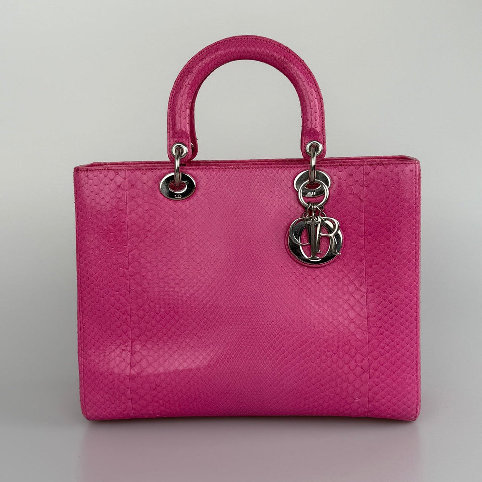 Christian Dior Large Lady Dior Bag with Pink Python Leather and Silver Hardware