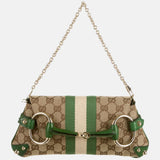 Iconic Gucci Horsebit 1955 Chain Cloth Gucci Monogram Green Leather and Gold Studs