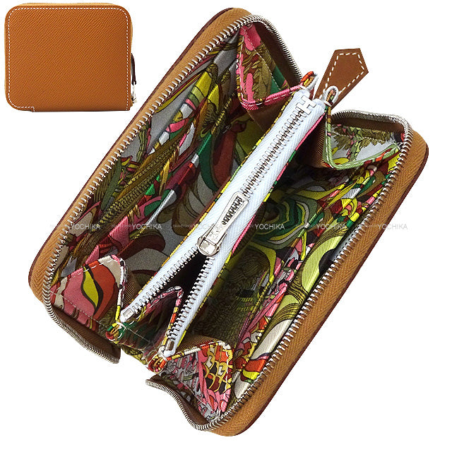 Hermes Bi-fold wallet Azap Silk in Compact Fantaisie Botanique Gold/Celeste/Chai Veau Epsom/Veau Barenia/Silk100% Silver HW Stamp
