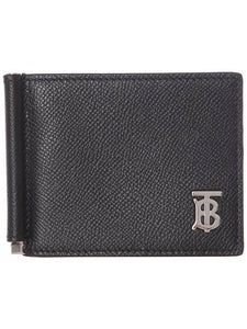Luxury Burberry Men's TB Money Clip Grainy Leather Half Wallet Black