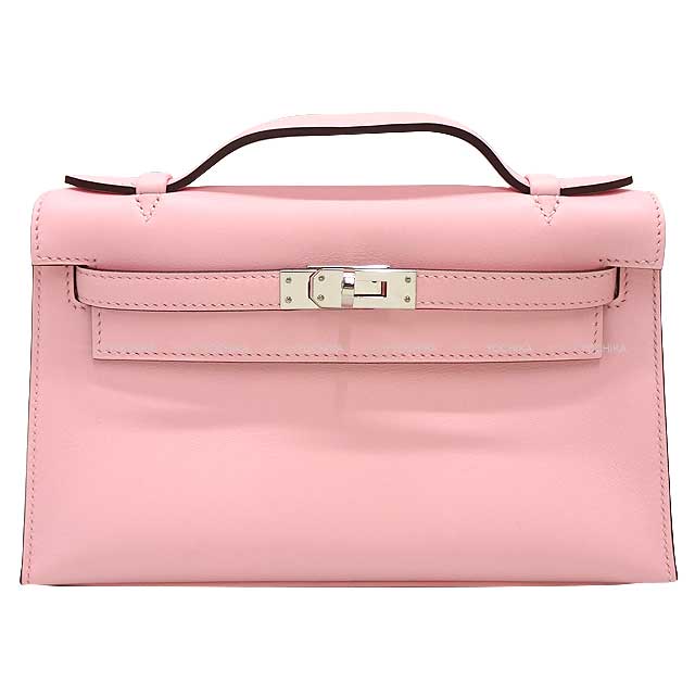 Hermes Handbag Pochette Kelly Rose Sakura Veau Swift Silver HW Stamp
