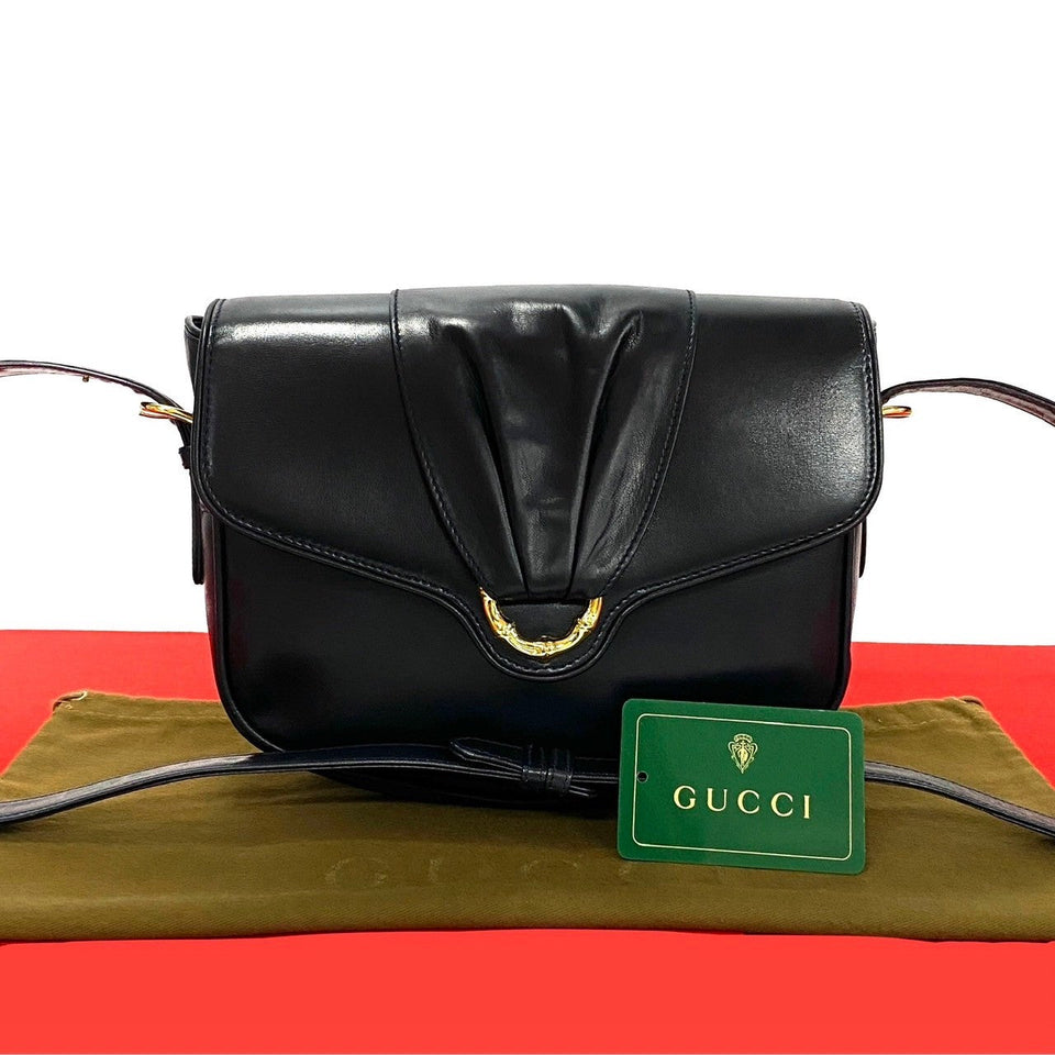 Gucci Shoulder Bag leather black Bamboo Metal Old Gucci Women
