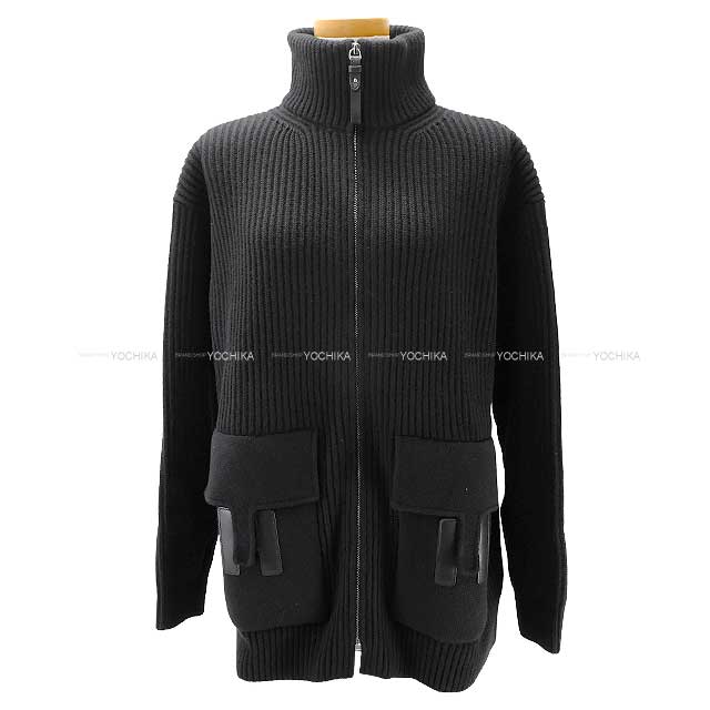 Hermes Knit Ladies Blouson H logo pocket over knit zip up Noir (Black) Wool/Lambskin 36 Silver