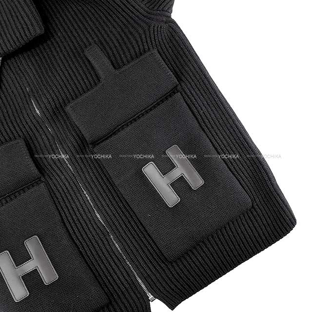 Hermes Knit Ladies Blouson H logo pocket over knit zip up Noir (Black) Wool/Lambskin 36 Silver