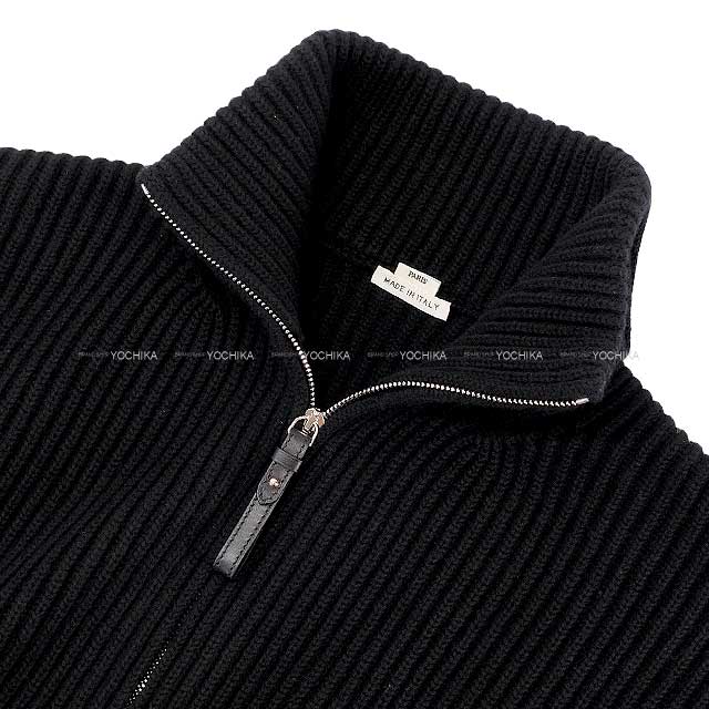 Hermes Knit Ladies Blouson H logo pocket over knit zip up Noir (Black) Wool/Lambskin 36 Silver