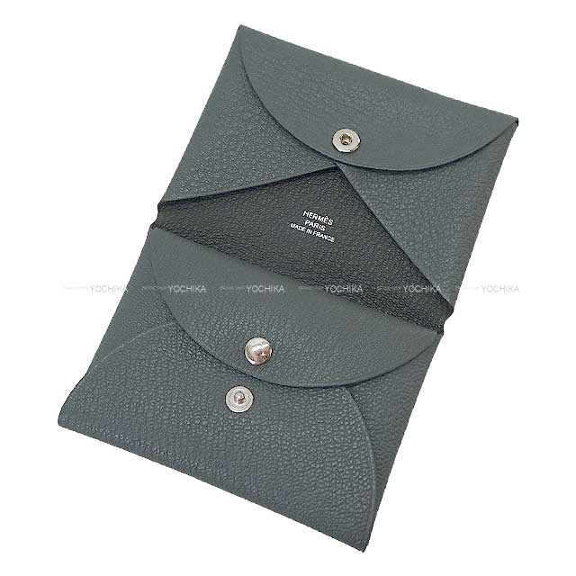 Hermes card holder Calvi Verso Gris Misty/Noir (Black) Chevre Myzore Silver HW Stamp