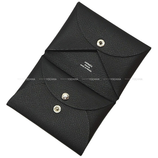 Hermes card holder Calvi Duo Noir (Black) Veau Epsom Silver HW Stamp