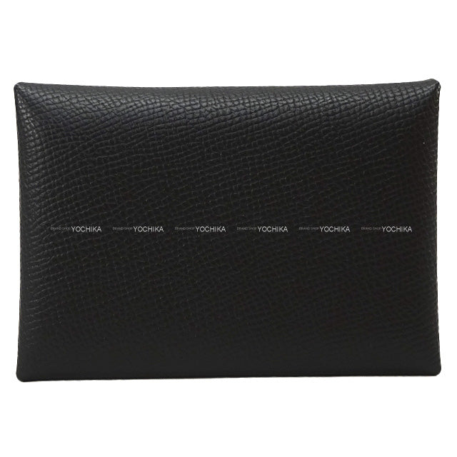 Hermes card holder Calvi Duo Noir (Black) Veau Epsom Silver HW Stamp