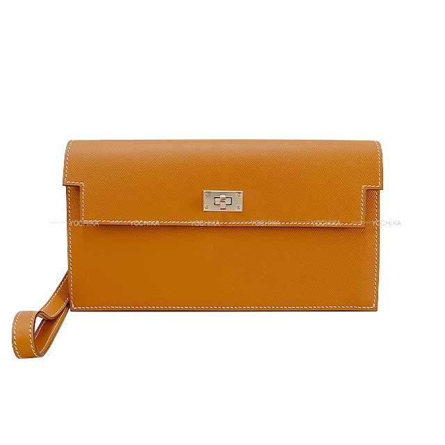 Hermes change purse Kelly Pocket Long Wallet Strap Clutch Bag  Gold Veau madame Silver HW Stamp
