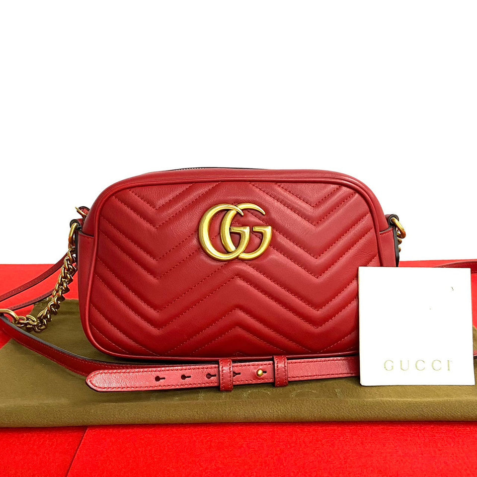 Gucci Shoulder Bag leather Red logo Metal GG Marmont Women
