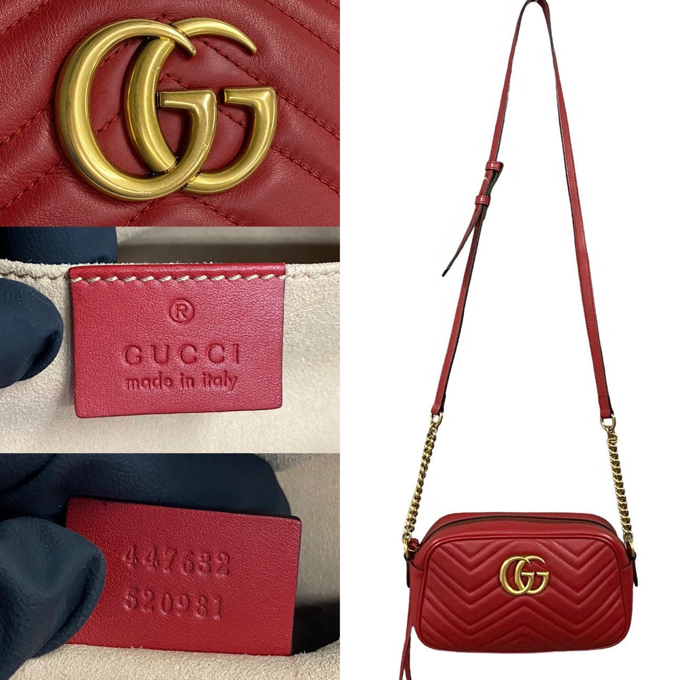 Gucci Shoulder Bag leather Red logo Metal GG Marmont Women