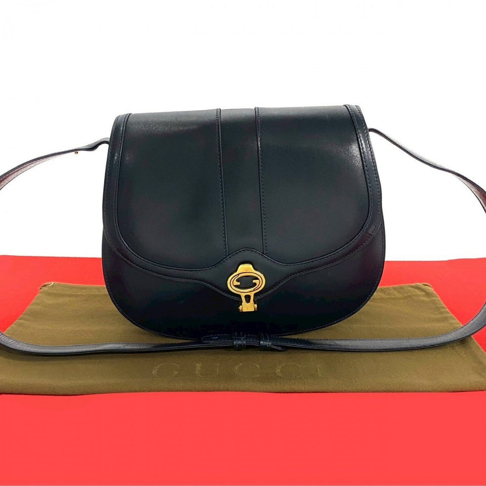 Gucci Shoulder Bag leather Navy GG logo Metal Women