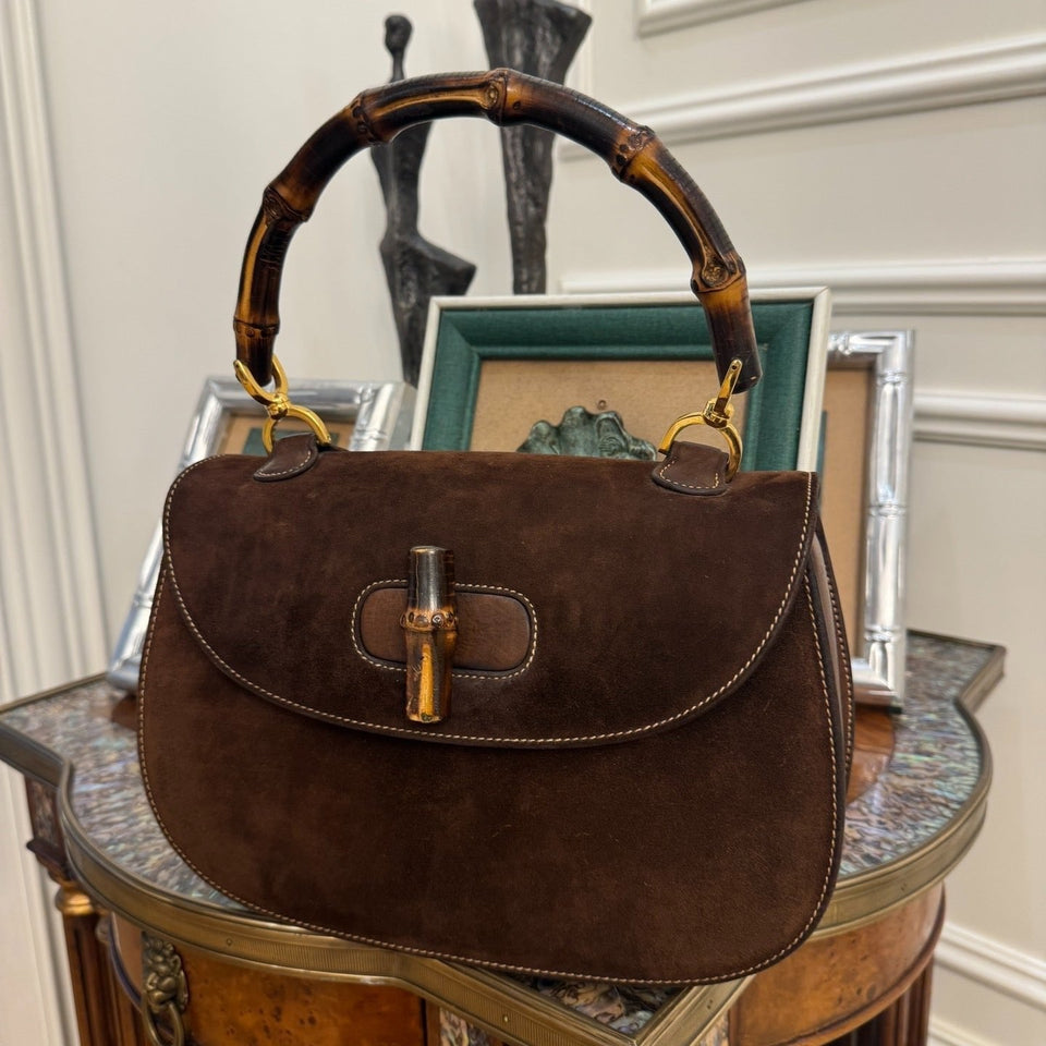 Gucci Bamboo 1947 Top Handle Bag Suede Leather Medium Dark Chocolate Brown