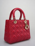 Christian Dior Red Medium Lady Dior Bag in Cannage Lambskin Leather with Gold Hardware