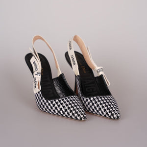 Christian Dior Wool Ribbon Houndstooth J'ADior Slingback 8cm Pumps 38D Black White